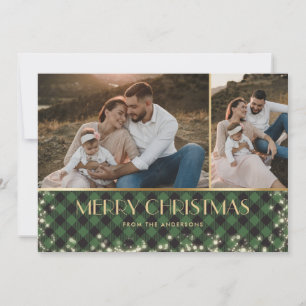 Cartes Pour Fêtes Annuelles Green Plaid Gold Photo Sparkly Joyeux Noël