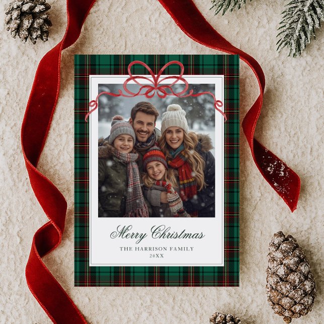 Cartes Pour Fêtes Annuelles Green Plaid Red Bow Photo (Créateur téléchargé)