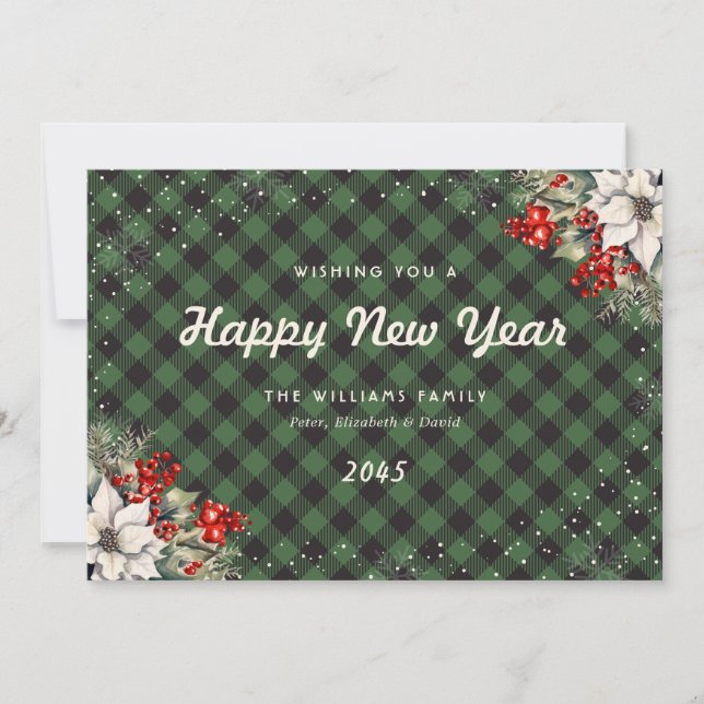 Cartes Pour Fêtes Annuelles Green Plaid Snowflake Botanical New Year Card (Devant)