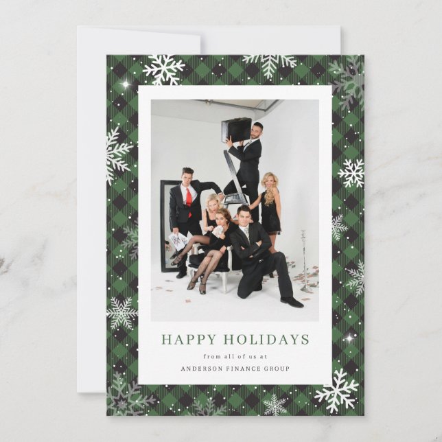 Cartes Pour Fêtes Annuelles Green Plaid Snowflo Photo Entreprise (Devant)