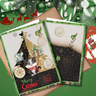 Cartes Pour Fêtes Annuelles Green Plaid Split-Tree Catmas Card | Cute Kitten 
