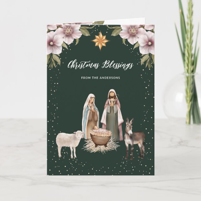 Cartes Pour Fêtes Annuelles Green Religieux Nativité Scène Christian (Devant)