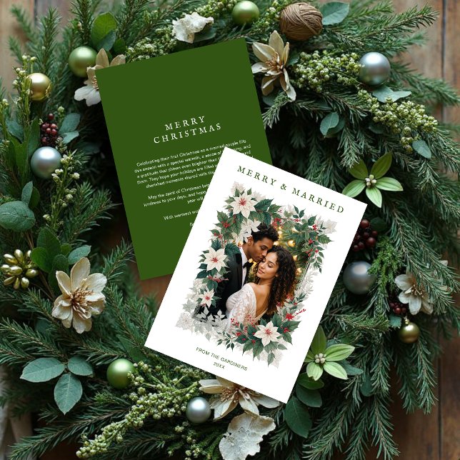 Cartes Pour Fêtes Annuelles Green Romantic Christmas Botanical Frame Photo (Green Romantic Christmas Botanical Frame Holiday Cards with Photo and for First Christmas Married.)