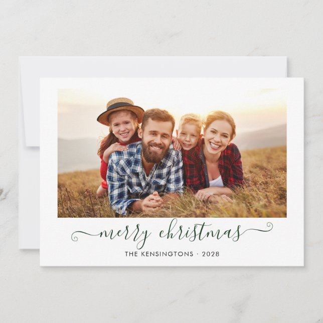 Cartes Pour Fêtes Annuelles Green Script Joyeux Noël Photo de vacances (Devant)