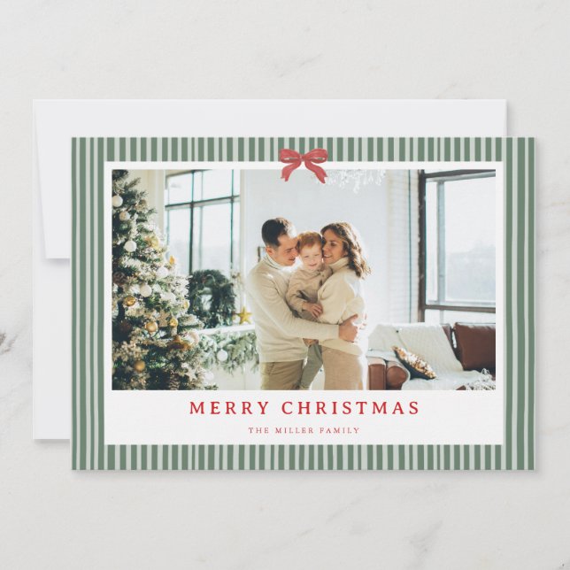 Cartes Pour Fêtes Annuelles Green Stripe Red Bow Christmas Photo Holiday Card  (Devant)