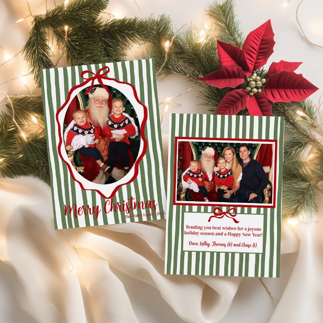 Cartes Pour Fêtes Annuelles Green Stripe & Red Ribbon Frame Christmas (Créateur téléchargé)
