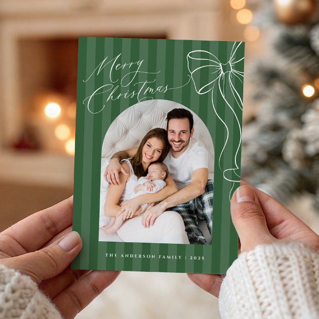 Cartes Pour Fêtes Annuelles Green Stripes Bow Christmas Photo Card (Créateur téléchargé)