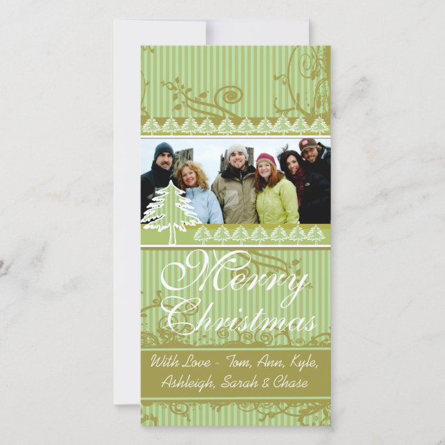 Cartes Pour Fêtes Annuelles Green Stripes Pine Swirl Vacances Photos de famill (Devant)