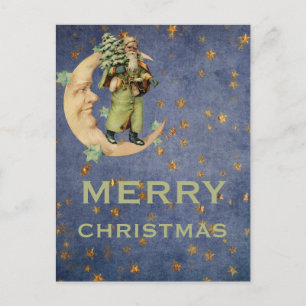 Cartes Pour Fêtes Annuelles Green Vintage Père Noël Crescent Moon Starry Nuit 