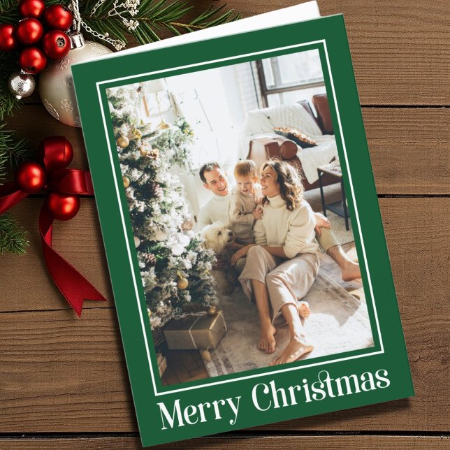 Cartes Pour Fêtes Annuelles Green White 2 photo Famille Joyeux Noël Script (Créateur téléchargé)