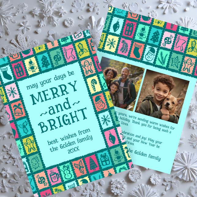 Cartes Pour Fêtes Annuelles Grille de Noël fantaisiste 2 PHOTOS personnalisées (Whimsical Christmas Grid Cute Custom 2 PHOTO Holiday Card
)