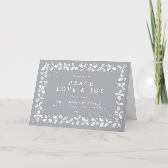 Cartes Pour Fêtes Annuelles Gris Imprimé Holly Feuille frontière Paix Amour &  (Devant)