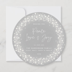 Cartes Pour Fêtes Annuelles Gris Script Police Paix Amour+Joie Feux Étincelant