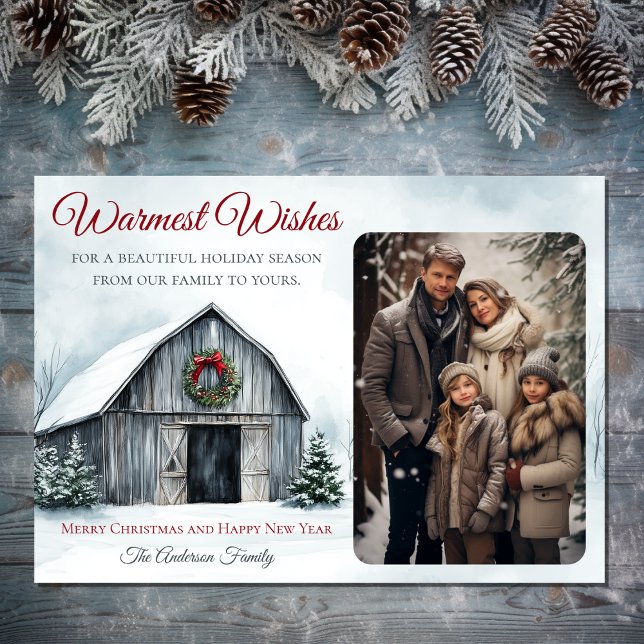 Cartes Pour Fêtes Annuelles Grotte rustique les souhaits les plus chauds Ferme (Rustic Barn Warmest Wishes Farm Christmas Photo Holiday Card)
