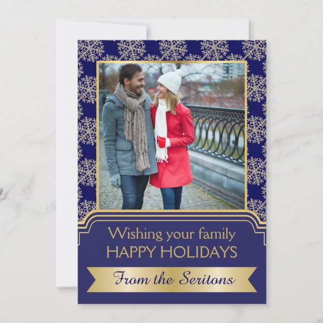 Cartes Pour Fêtes Annuelles Groupe de Noël Gold, Blue snowflake et cadre (Devant)