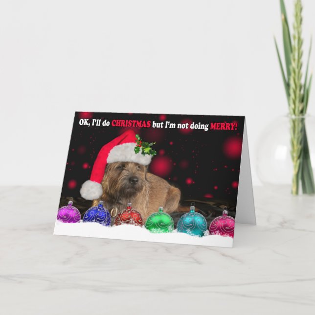 Cartes Pour Fêtes Annuelles Grumpy Border Terrier Dog Wearing A Santa Hat, Wit (Devant)