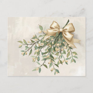 Cartes Pour Fêtes Annuelles Gui de gui à l'aquarelle élégant et ruban doré