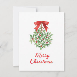 Cartes Pour Fêtes Annuelles Gui de houx à l'aquarelle Ruban rouge