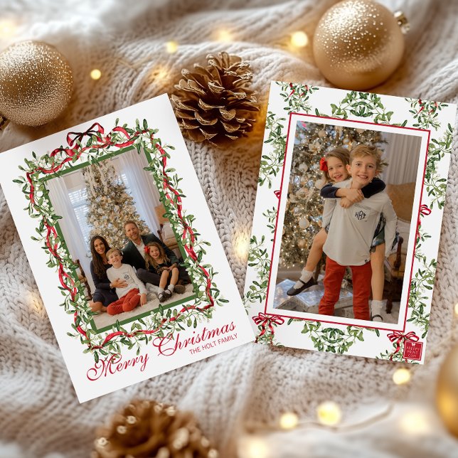 Cartes Pour Fêtes Annuelles Guirlande de gui à ruban rouge aquarelle Photo (Créateur téléchargé)