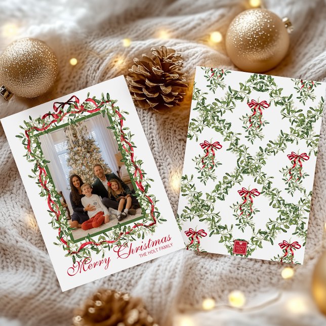 Cartes Pour Fêtes Annuelles Guirlande de gui à ruban rouge aquarelle Photo (Créateur téléchargé)