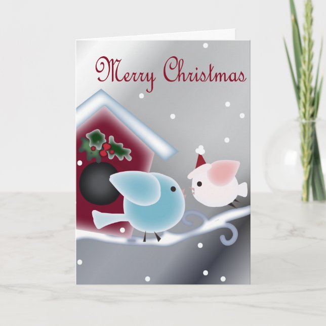 Cartes Pour Fêtes Annuelles Guirlande de gui dessin animé Oiseaux Amoureux Not (Devant)