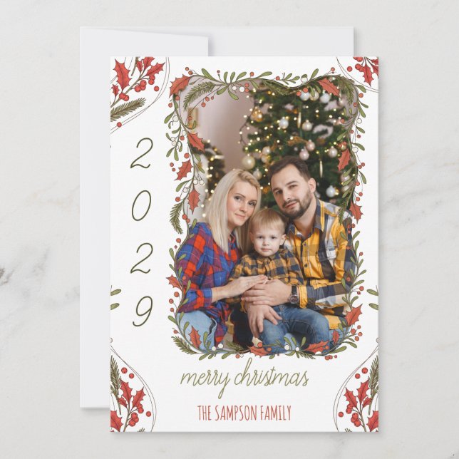 Cartes Pour Fêtes Annuelles Guirlande de Noël botanique - Photo de famille per (Devant)
