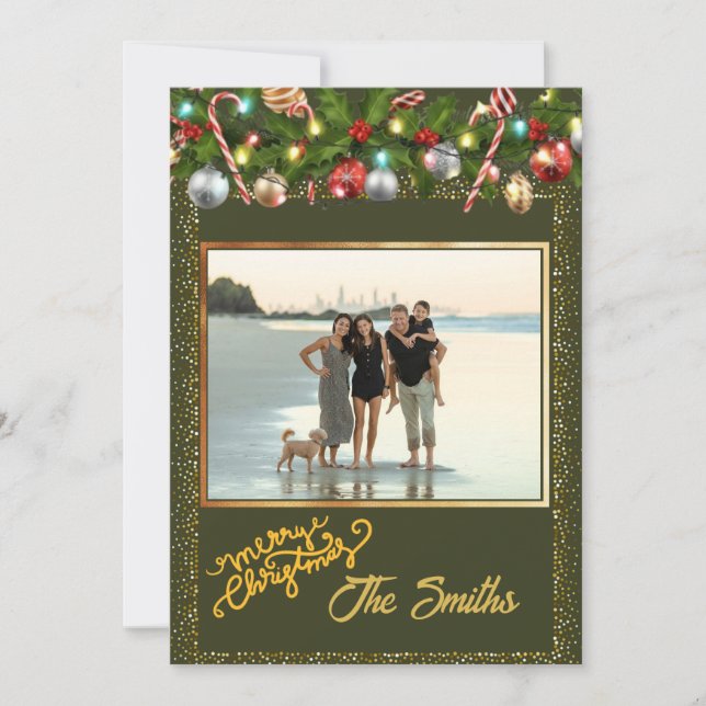 Cartes Pour Fêtes Annuelles Guirlande festive de houx | Photo avec paillettes  (Devant)
