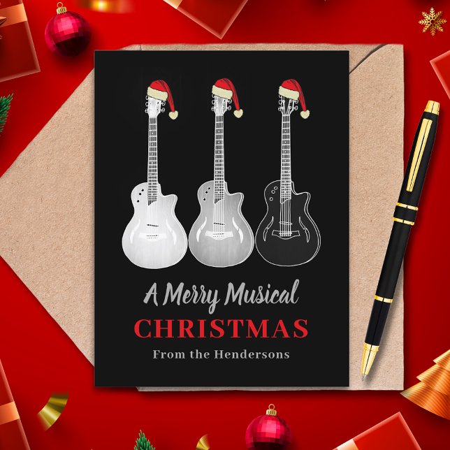 Cartes Pour Fêtes Annuelles Guitare cool Noël Merry Music Personnalisé (Christmas guitars black and white guitar wearing santa hat merry musical custom holiday card)