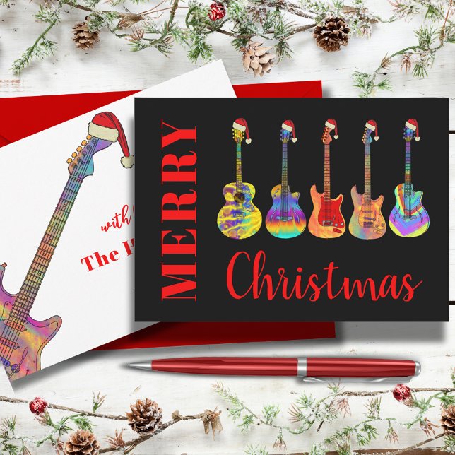 Cartes Pour Fêtes Annuelles Guitare de Noël cool Santas (Merry Christmas Cool colorful guitars wearing funny Santa hats black and red holidays greetings card)