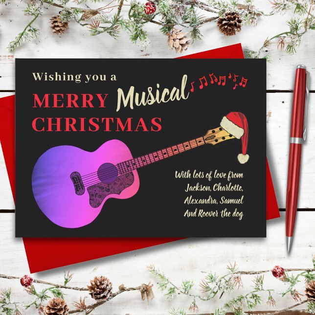 Cartes Pour Fêtes Annuelles Guitare de Noël personnalisée (Christmas pink acoustic guitar wearing a Santa hat black and gold custom holiday greetings card)