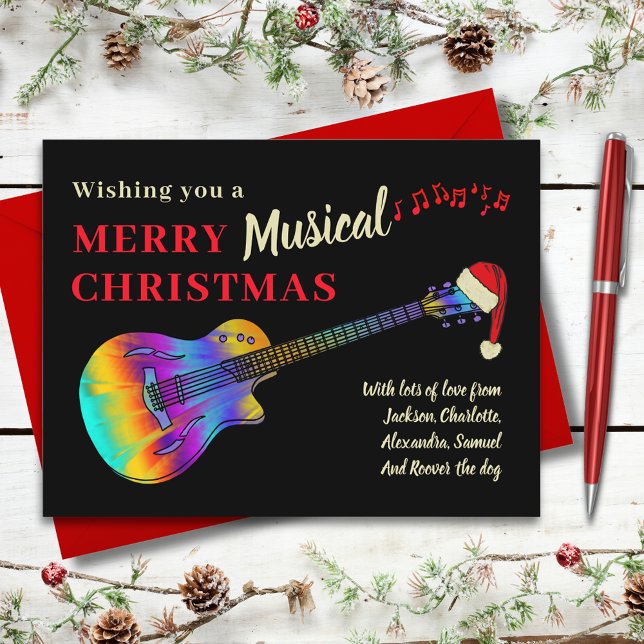 Cartes Pour Fêtes Annuelles Guitare Musicale Joyeux budget de Noël (Christmas guitar wearing a Santa hat merry musical holiday greetings card)