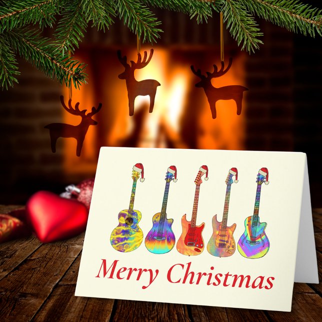 Cartes Pour Fêtes Annuelles Guitare Noël Funny Psychedelic Festive Musique H (Guitar Merry Christmas music themed holiday card)