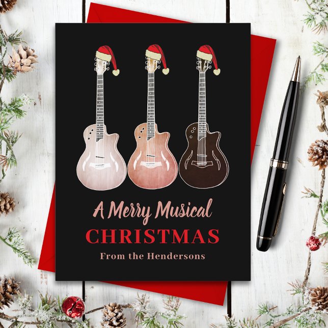 Cartes Pour Fêtes Annuelles Guitare Noël Joyeux budget musical (Christmas guitars wearing Santa hats custom rustic guitar music budget holiday greetings postcard )