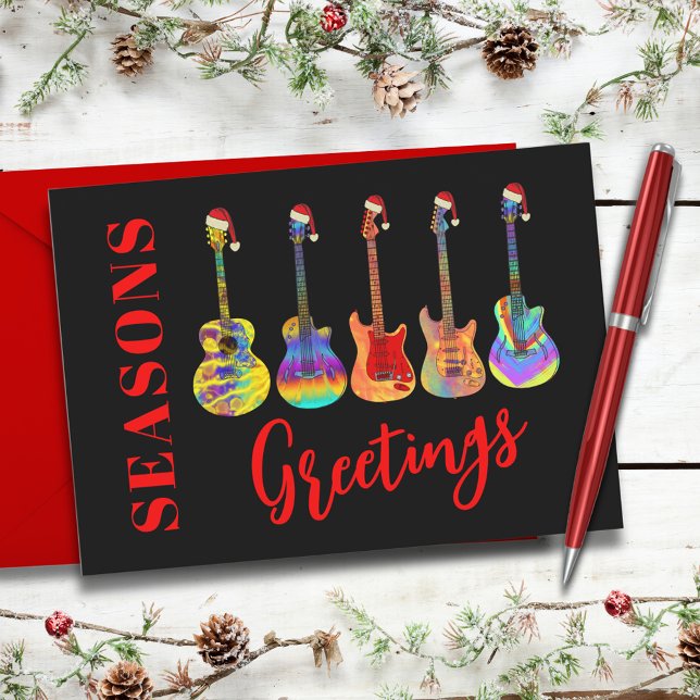 Cartes Pour Fêtes Annuelles Guitares avec chapeaux de Père Noël Vœux de la sai (Cool colorful Christmas guitars wearing Santa hats seasons greetings postcard black and red)