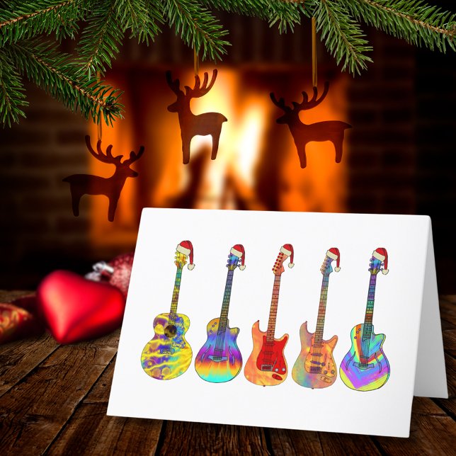 Cartes Pour Fêtes Annuelles Guitares de Noël Funky Psychedelic Funny Festin (Christmas guitars wearing santa hats music themed holiday greetings card)