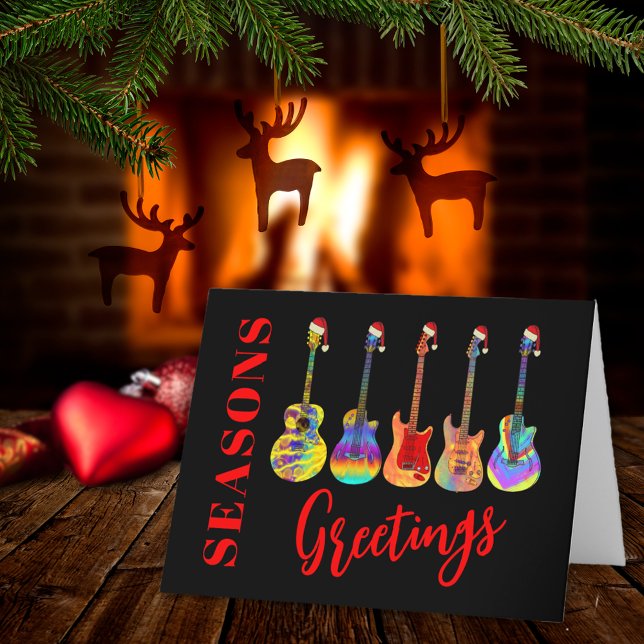 Cartes Pour Fêtes Annuelles Guitares de Noël Joyeuses Fêtes colorés (Music themed Christmas guitars seasons greetings red and black personalized holiday card)