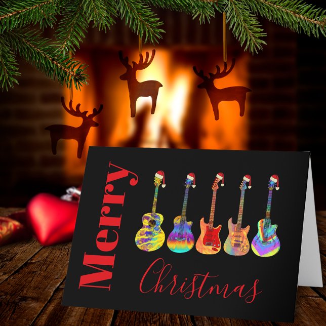 Cartes Pour Fêtes Annuelles Guitares Noël Musique Jazzy Coloré (Merry Christmas guitars wearing Santa hats cool music themed holiday card)