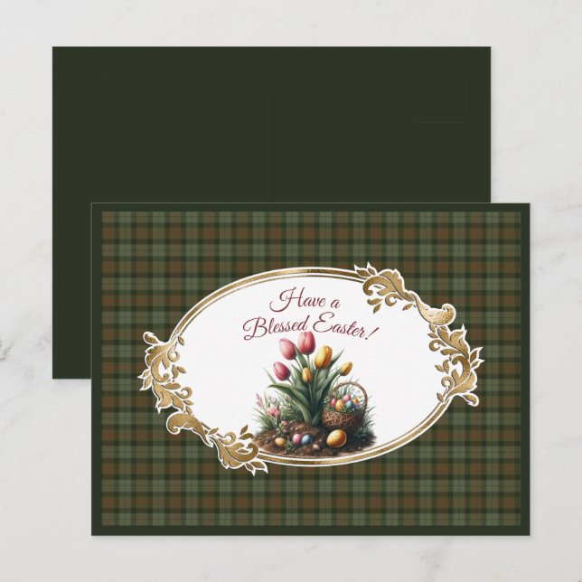 Cartes Pour Fêtes Annuelles Gunn Tartan écossais Patiné Tulips de Pâques (Devant / Derrière)
