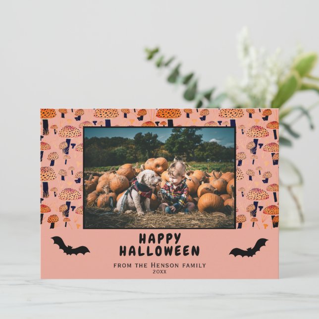Cartes Pour Fêtes Annuelles Halloween Champignons Orange Black Bat Fall Photo (Debout devant)
