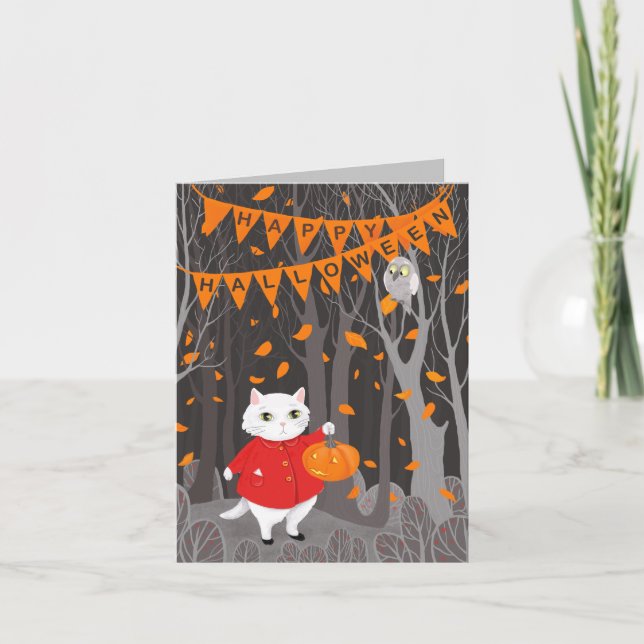 Cartes Pour Fêtes Annuelles Halloween Cute Cat & Jack-o’-lanterne Citrouille (Devant)