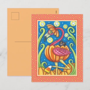 CARTES POUR FÊTES ANNUELLES HALLOWEEN FLAMANT ROSE ROSE & CHAT NOIR EN CITROUI