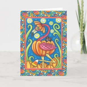 CARTES POUR FÊTES ANNUELLES HALLOWEEN FLAMANT ROSE ROSE & CHAT NOIR EN CITROUI