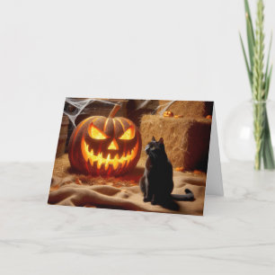 Cartes Pour Fêtes Annuelles Halloween Jack-o-lanterne et chat en grange