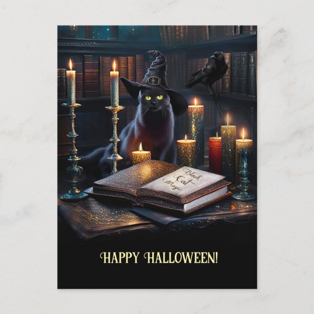 Cartes Pour Fêtes Annuelles Halloween Magique Chat Books Raven (Devant)