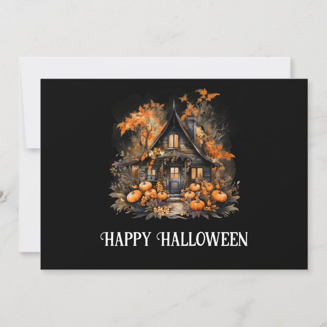 Cartes Pour Fêtes Annuelles Halloween Maison hantée avec Citrouilles & Foliage (Devant)