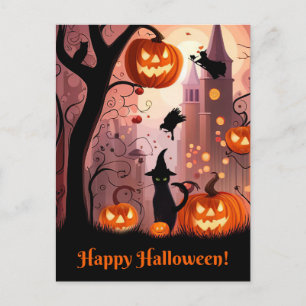 Cartes Pour Fêtes Annuelles Halloween mignon chatte Whimsical Citrouilles sorc