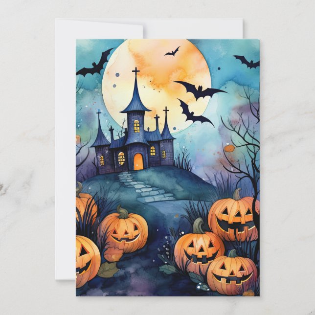 Cartes Pour Fêtes Annuelles Halloween Night Jack O’Lanterns Bats Pleine lune (Devant)