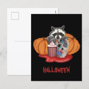 Cartes Pour Fêtes Annuelles Halloween Raccoon avec crâne et citrouille