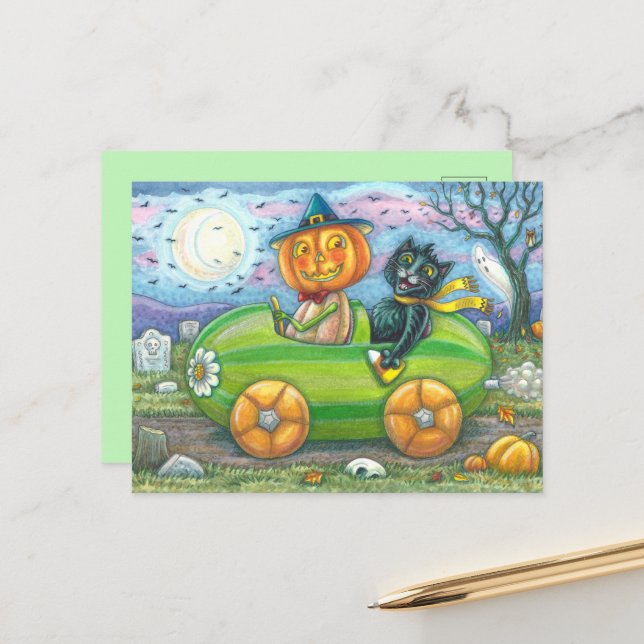 CARTES POUR FÊTES ANNUELLES HALLOWEEN ROAD TRIP, JACK ET CHAT NOIR AMIS (Devant/Arrière en situation)