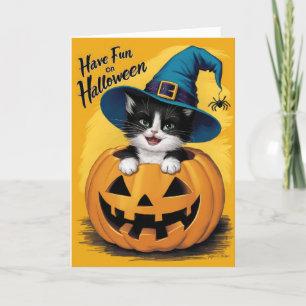 Cartes Pour Fêtes Annuelles Halloween vintage chaton noir et blanc sorcière